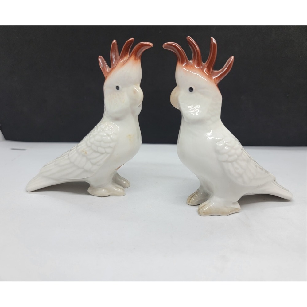 Two Vintage China White Brown Feather Crown Cockatoo Figurines